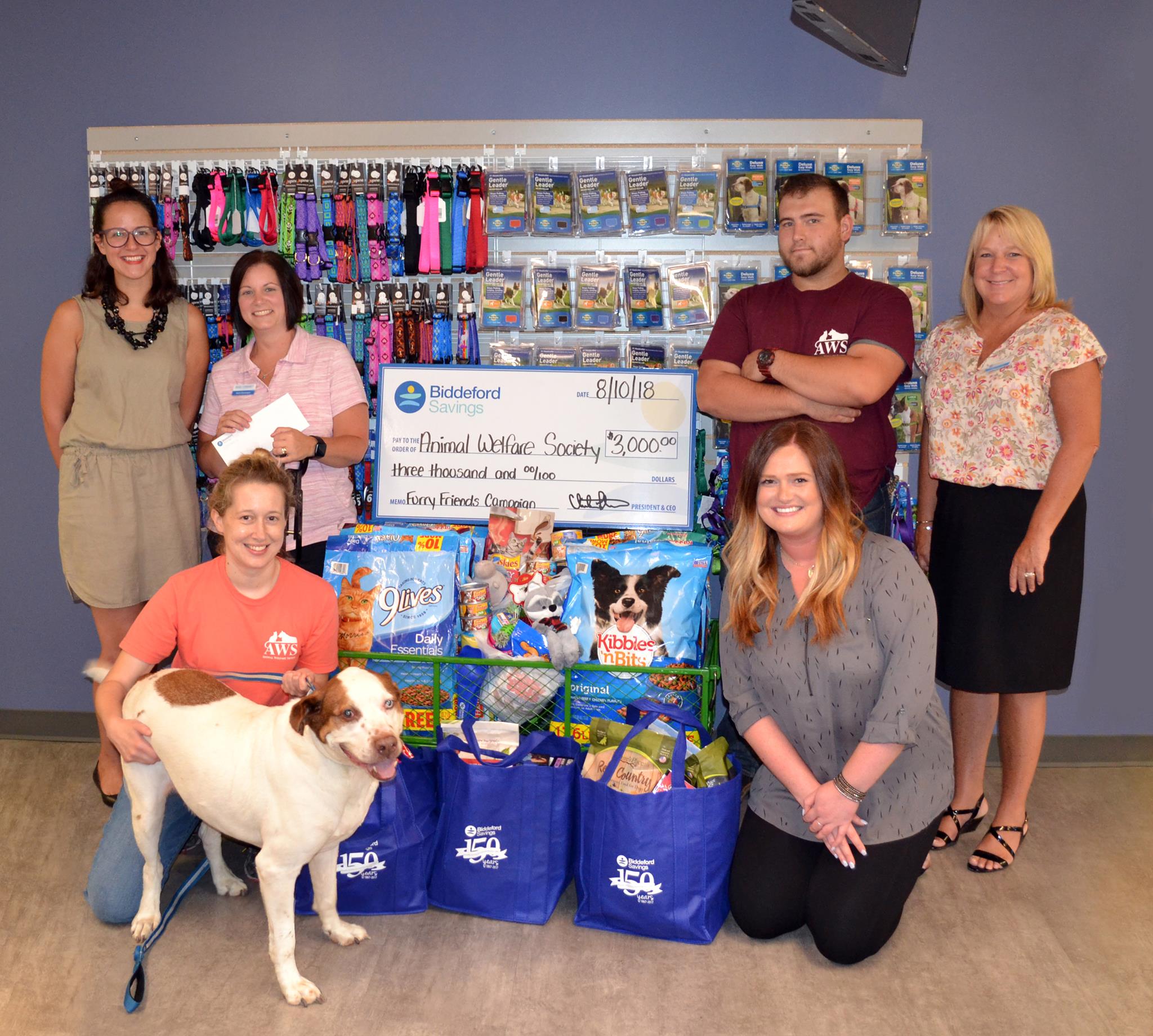 Biddeford Savings employees visit Animal Welfare Society to present a big check and pet food collected during their annual Furry Friends campaign